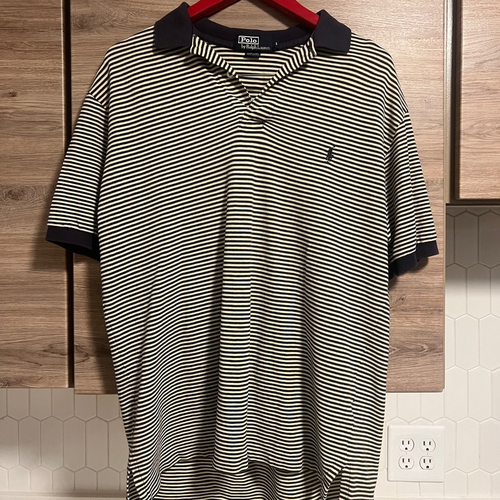 Polo Ralph Lauren Men’s Striped Yellow and Blue Short Sleeve Collared Shirt​